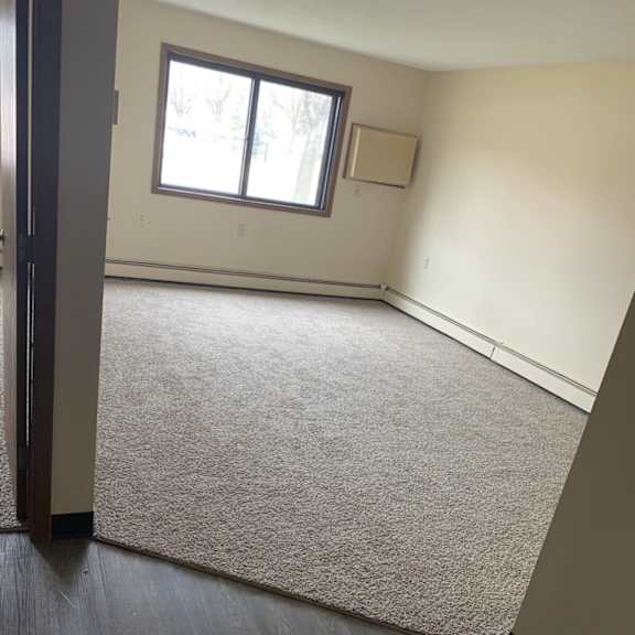 a room with a carpeted floor and a window.