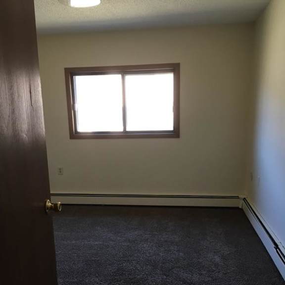 a room with a carpeted floor and a window letting in sunlight.