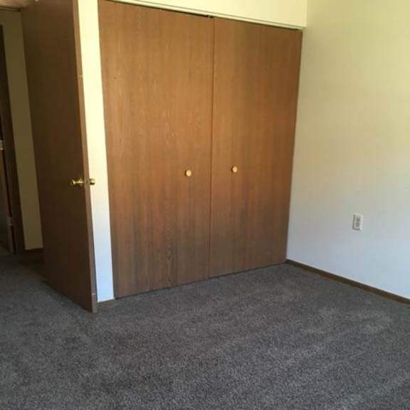a room with a brown door and grey carpet.