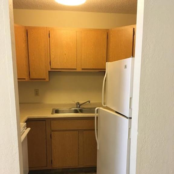 a kitchen with a white refrigerator and wooden cabinets.