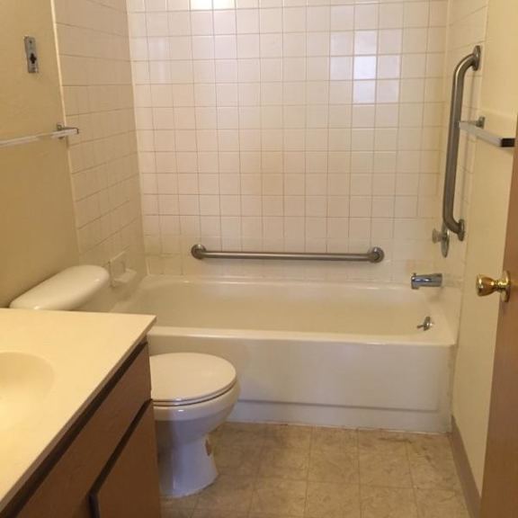 a white toilet sits next to a white bathtub in a bathroom.