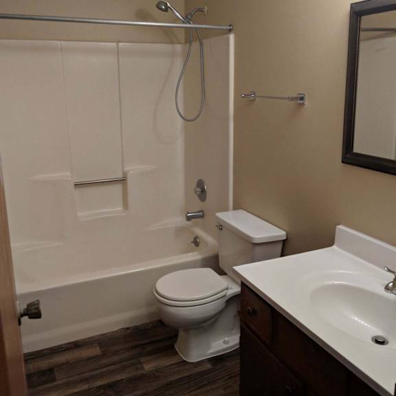 a bathroom with a toilet, sink, and shower.
