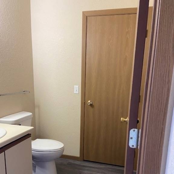 a bathroom with a toilet, sink, and wooden door.