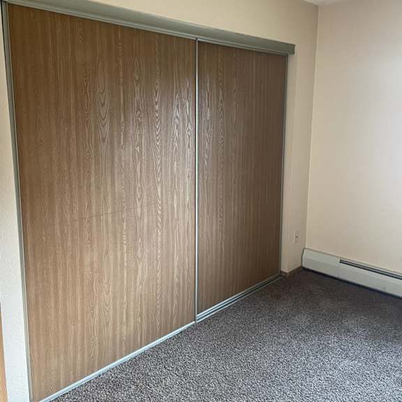 a room with a brown sliding door and grey carpet.