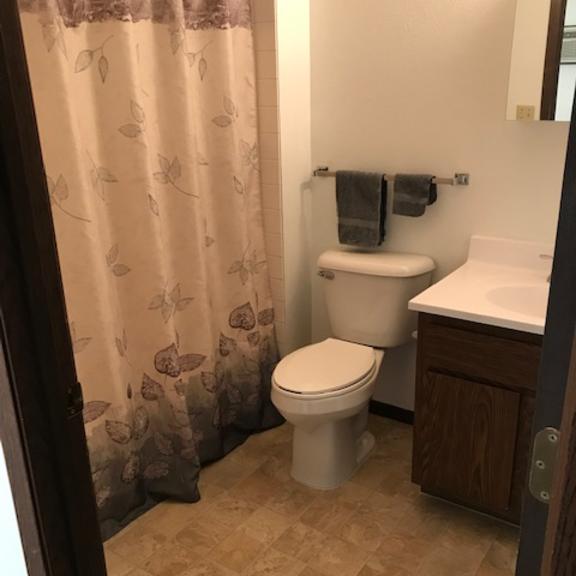 a bathroom with a toilet, sink, and shower curtain.