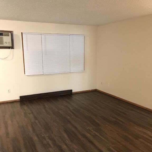 a room with a window and wooden flooring.