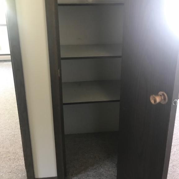 a tall wooden closet with a door and shelves.