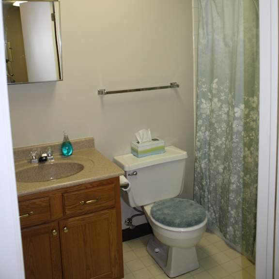a bathroom with a toilet, sink, and shower curtain.