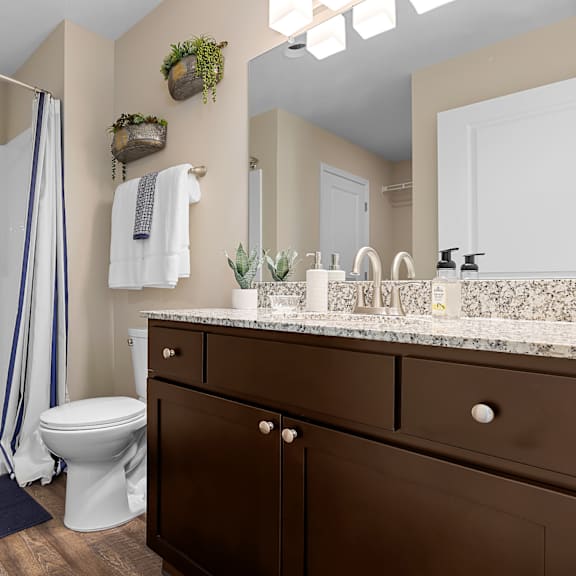 a bathroom with a toilet, sink, and shower.