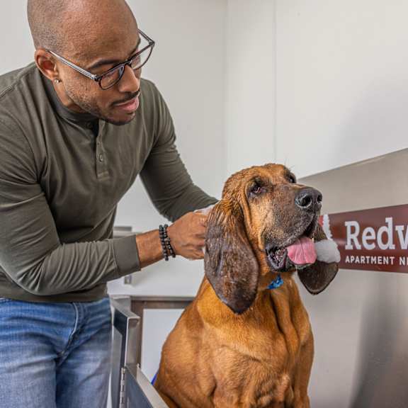 a man is petting a dog in front of a redwood apartment neighborhood sign.