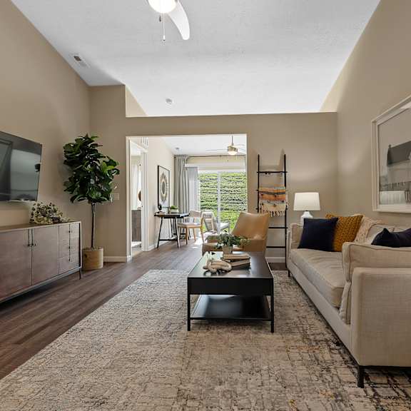 a living room with a couch, a coffee table, and a television.