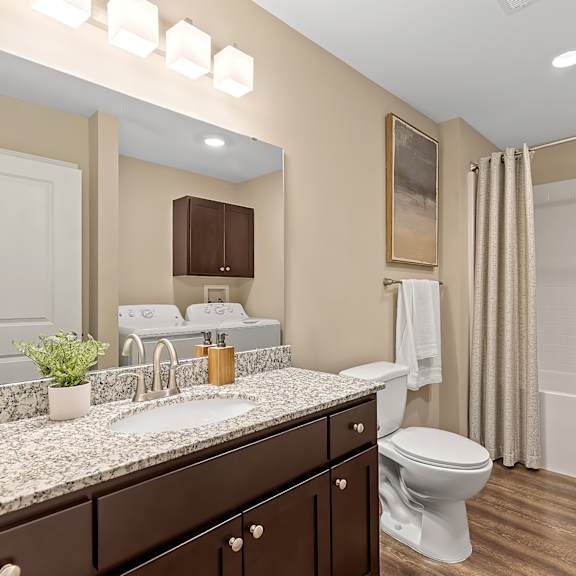a bathroom with a white toilet and a marble counter top.