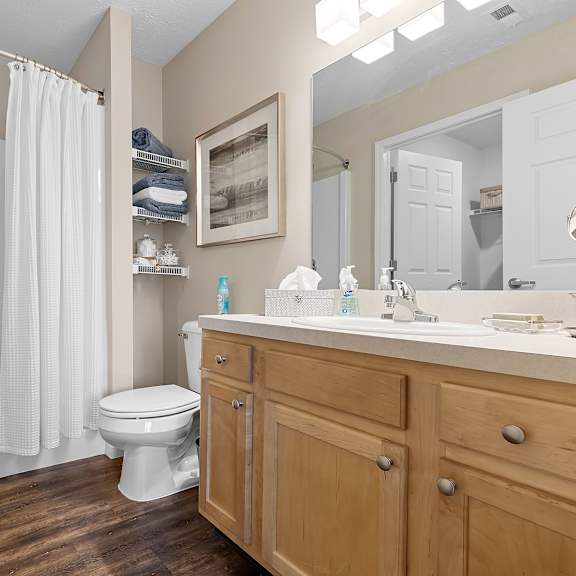 a bathroom with a toilet, sink, and shower.