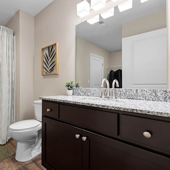 a bathroom with a toilet, sink, and shower.