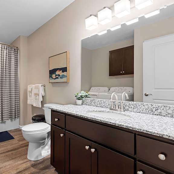 a bathroom with a toilet, sink, and shower.