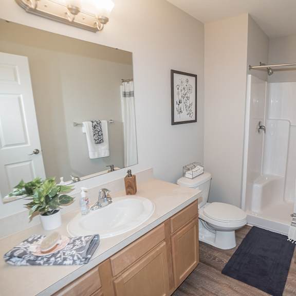 a bathroom with a toilet, sink, and shower.
