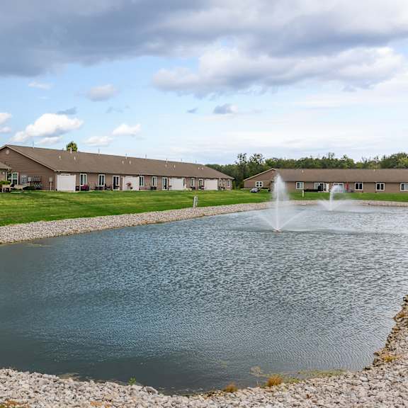 a pond with a fountain in the middle of a grassy area with houses in the background.