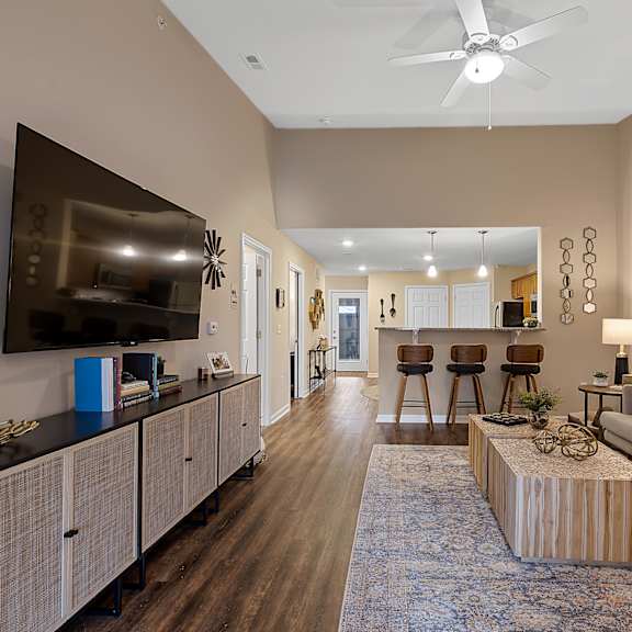 a living room with a television, a couch, and a coffee table.