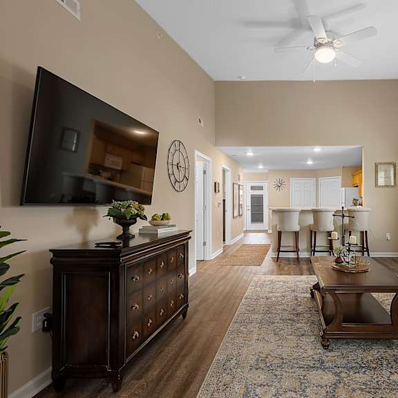 a living room with a couch, coffee table, and television.