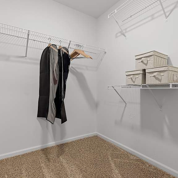 a white closet with a brown carpet and a coat hanging on the rack.