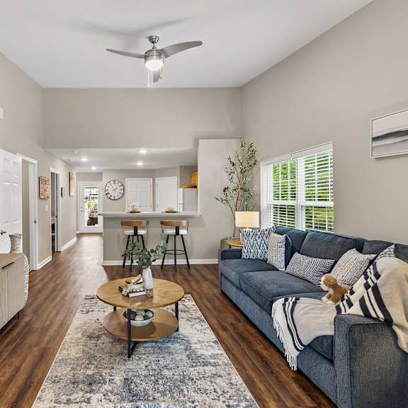 a living room with a grey couch and a television.
