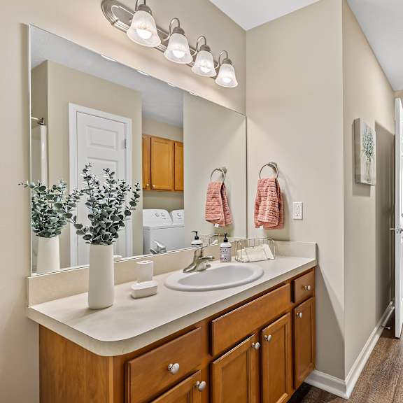 a bathroom with a white sink and brown wooden cabinets.
