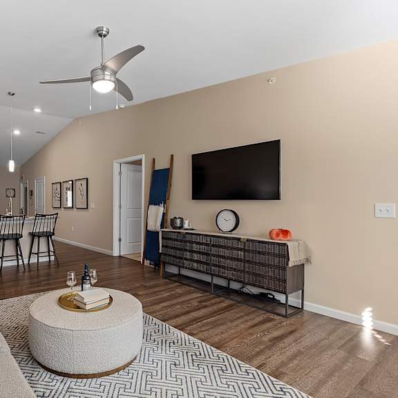 a living room with a grey couch, a coffee table, and a television.