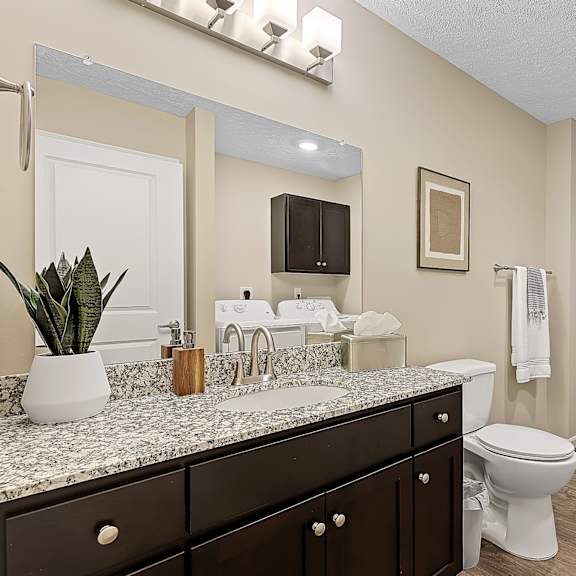 a bathroom with a toilet, sink, and mirror.