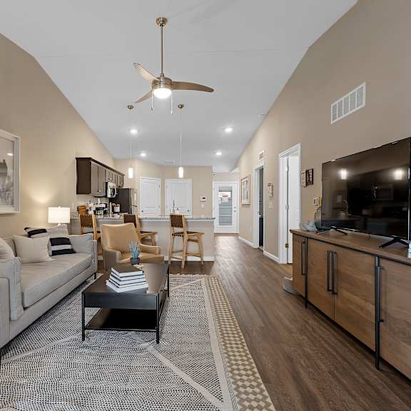 a living room with a couch, a coffee table, and a television.