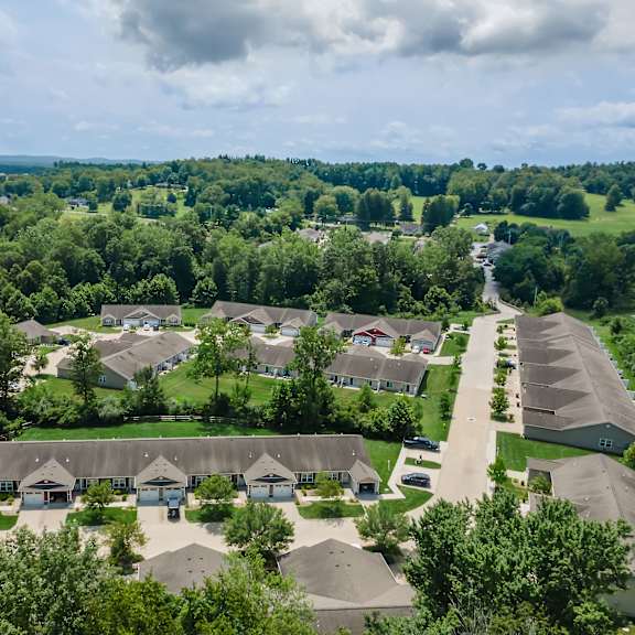 a bird's eye view of a residential area with houses and trees.