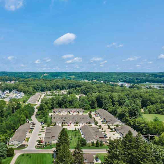 a bird's eye view of a residential area with houses and greenery.