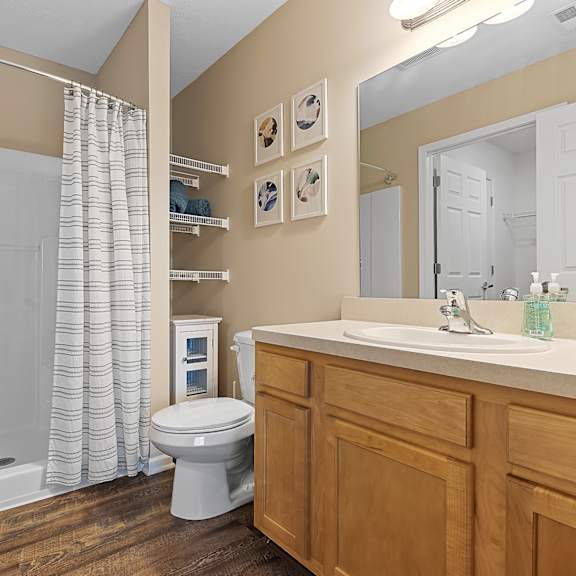 a bathroom with a toilet, sink, and shower.