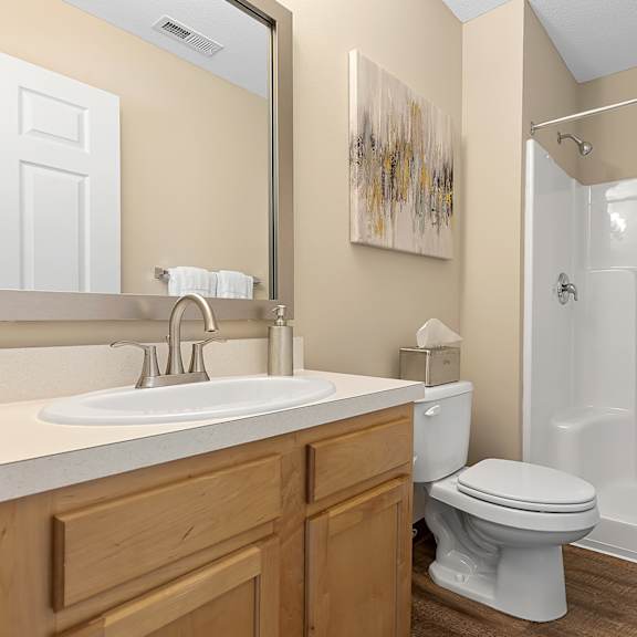 a bathroom with a toilet, sink, and shower.
