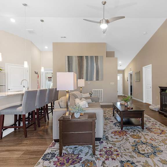 a living room with a large rug and a television.