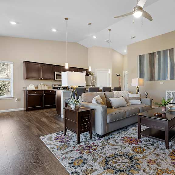 a living room with a grey couch and a coffee table.