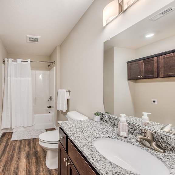 a bathroom with a white toilet, a sink, and a shower.