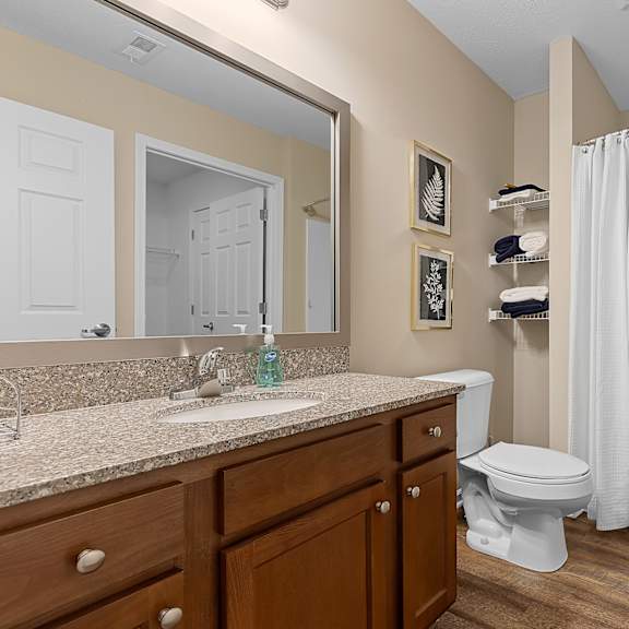 a bathroom with a toilet, sink, and shower.