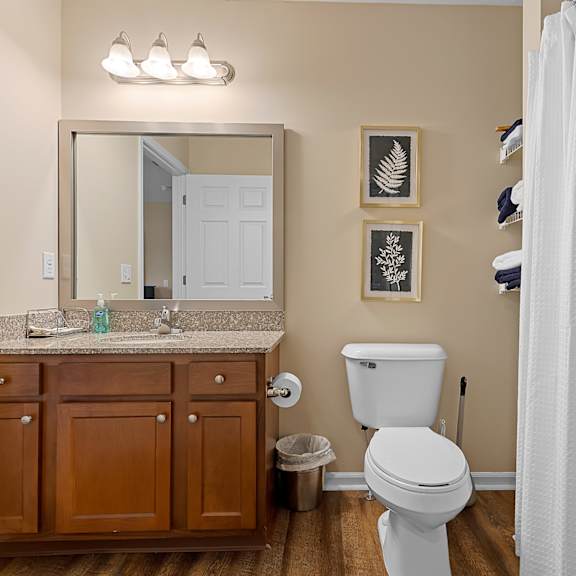 a bathroom with a white toilet and a white shower curtain.