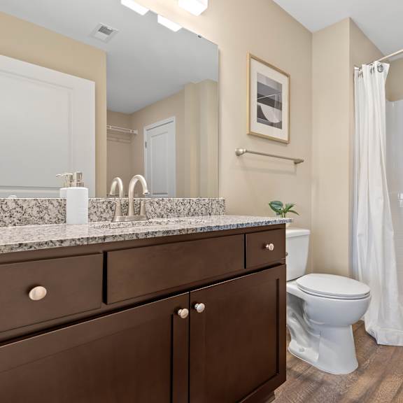 a bathroom with a toilet, sink, and shower.