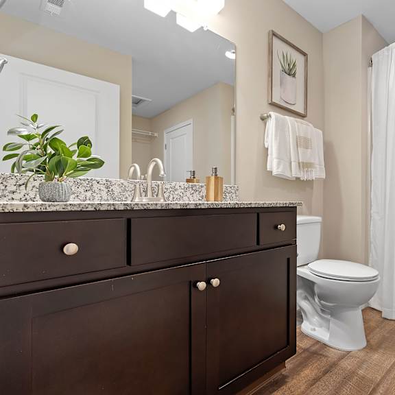 a bathroom with a toilet, sink, and shower.