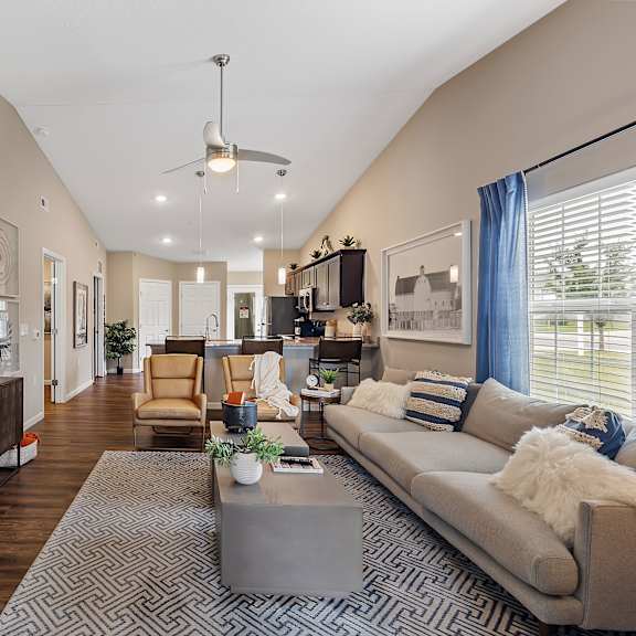 a living room with a grey sofa, a grey coffee table, a wooden cabinet, a tv, a plant, and a rug.