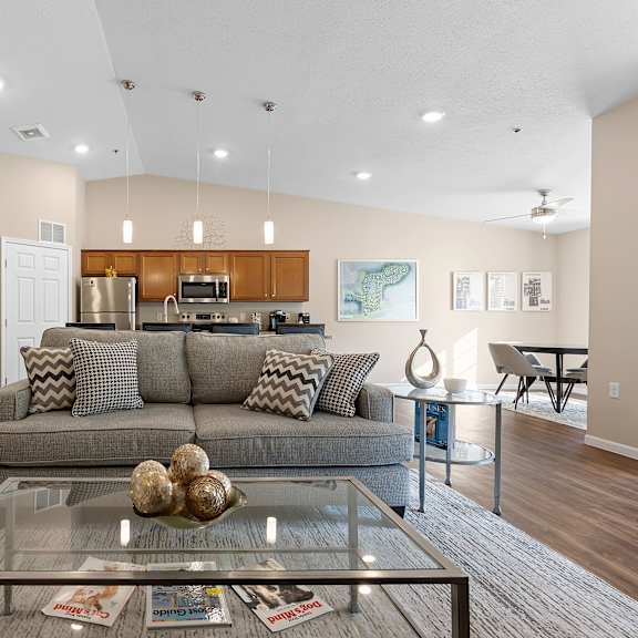 a modern living room with a grey sofa and a glass coffee table.