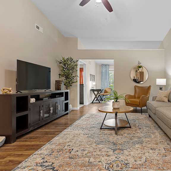 a living room with a couch, a chair, a coffee table, and a rug.