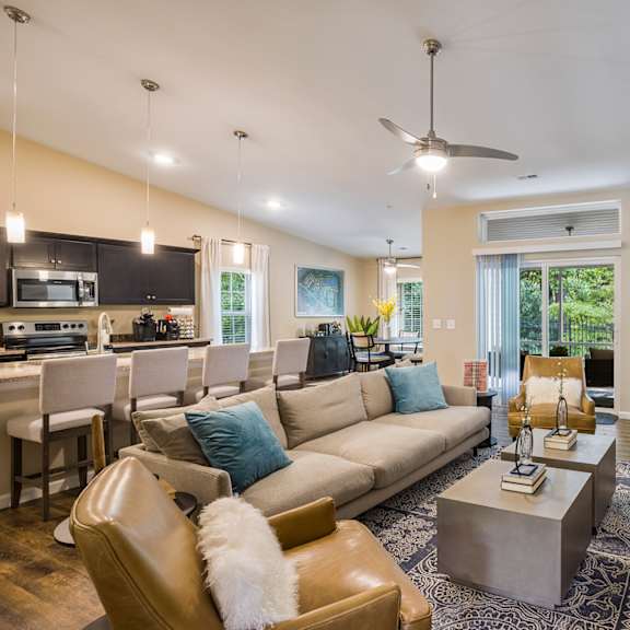 a living room with a couch and a table