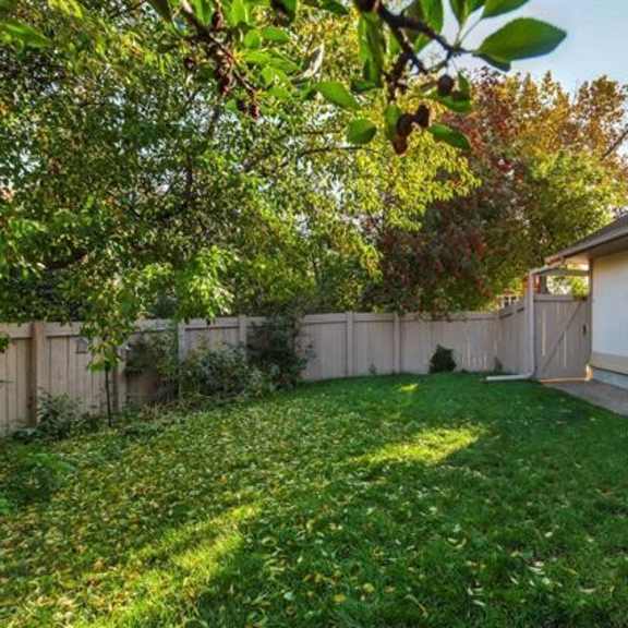 a backyard with a fence and a shed.