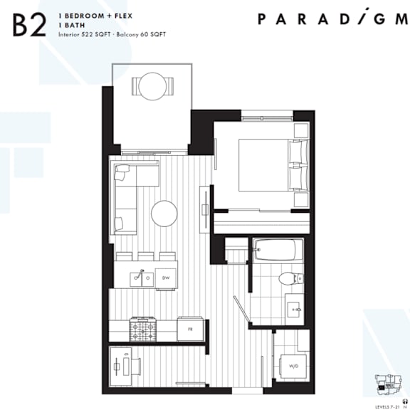 a floor plan of a apartment with a bedroom and a living room