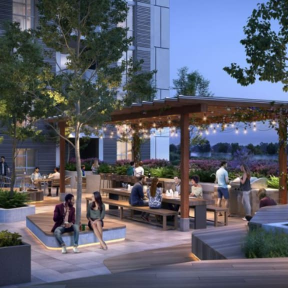 a rendering of a park with benches and trees
