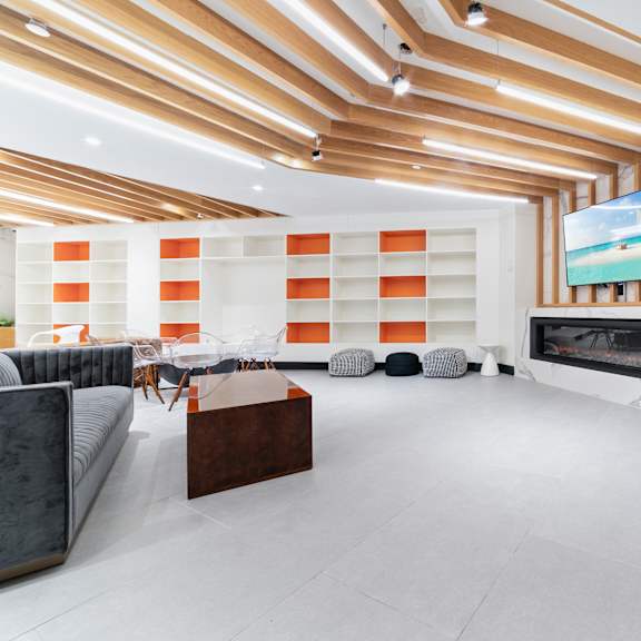 a modern living room with a fireplace and a television.
