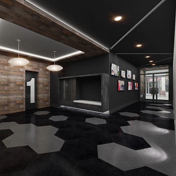 a black and white checkered floor in a modern room.