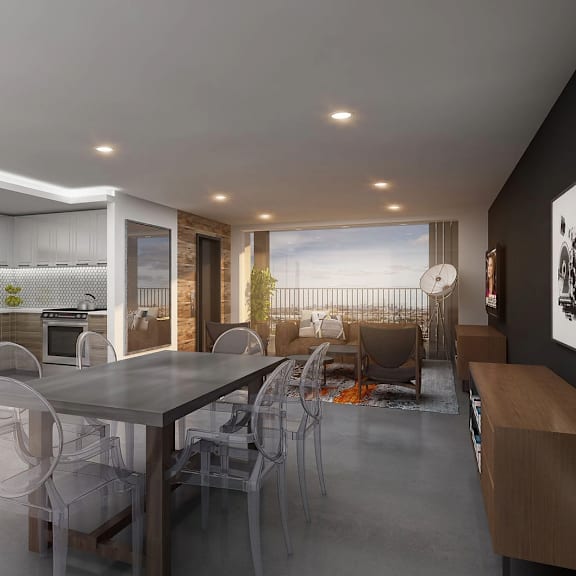 a modern dining room with a large table and chairs.